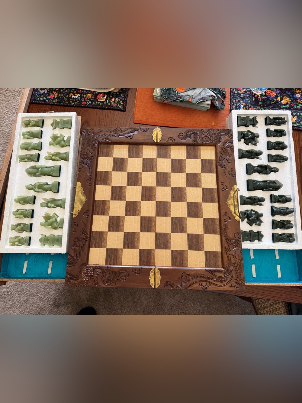 Vintage Chinese Chess Set Carved Wooden Dragon Board Soapstone Pieces Drawers